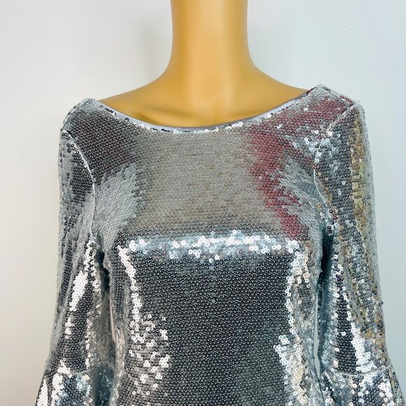 Lulus Sequin Silver Long Bell Sleeves Mini Dress Size M Sheath dress Party New - Picture 3 of 8